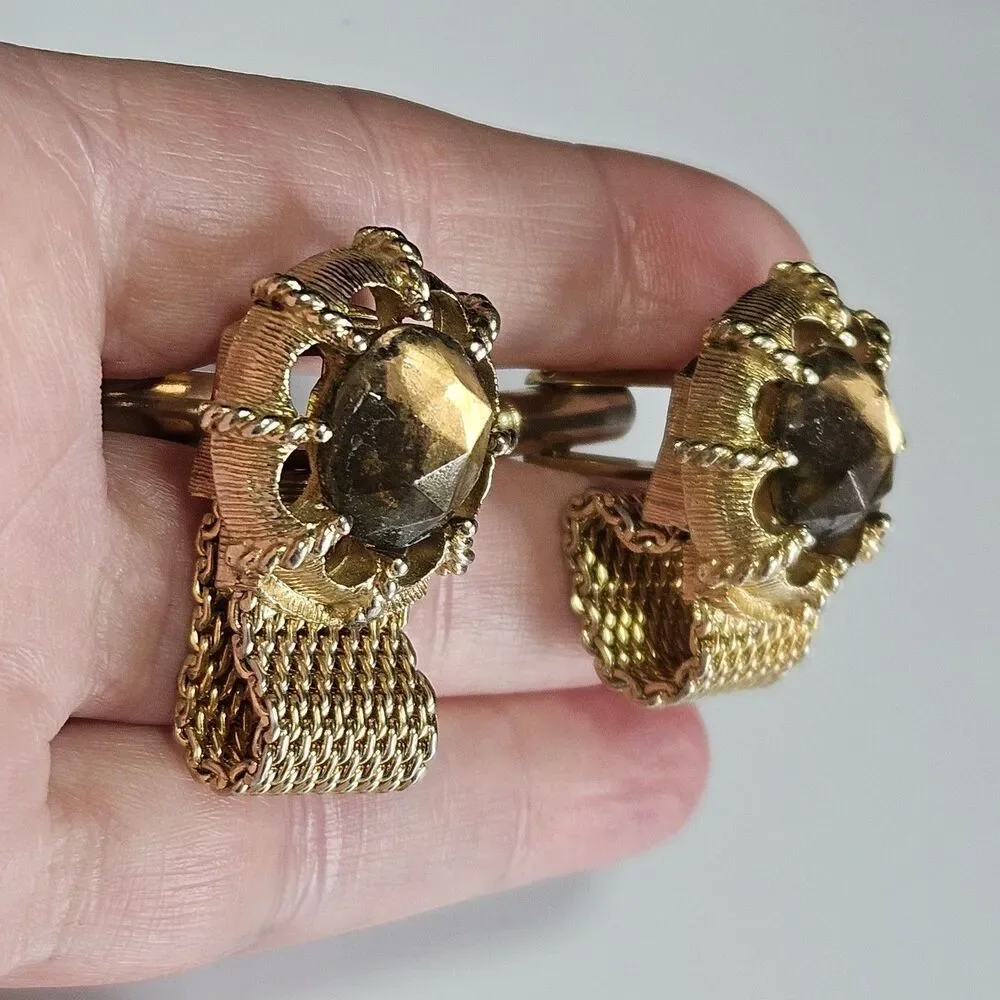 Swank Vintage Gold Tone Metal Champagne Colored Glass Cufflinks